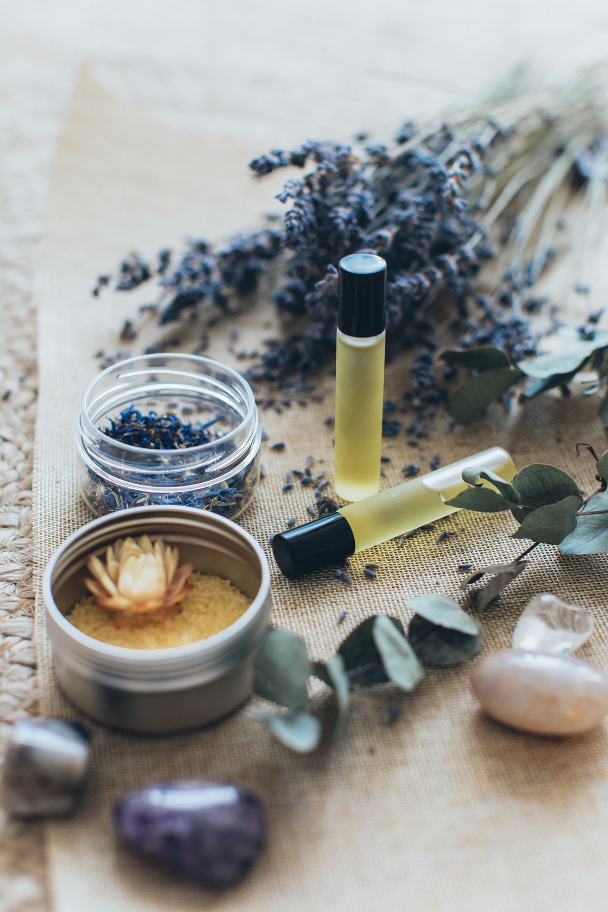 Lavender, eucalyptus, and essential oils for aromatherapy