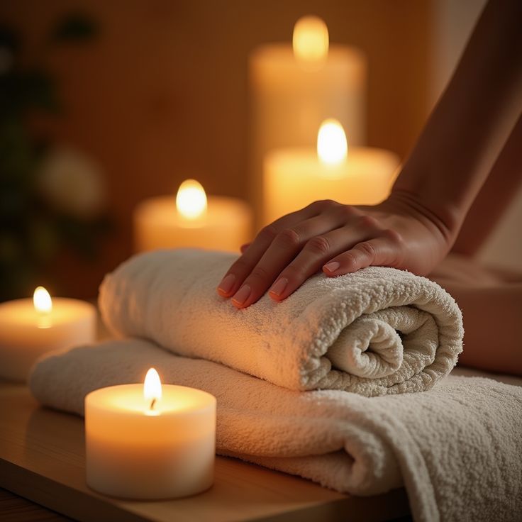Warm candles and folded towels prepared for a relaxing massage