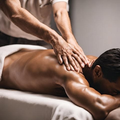 Therapist applying firm pressure during a sports back massage